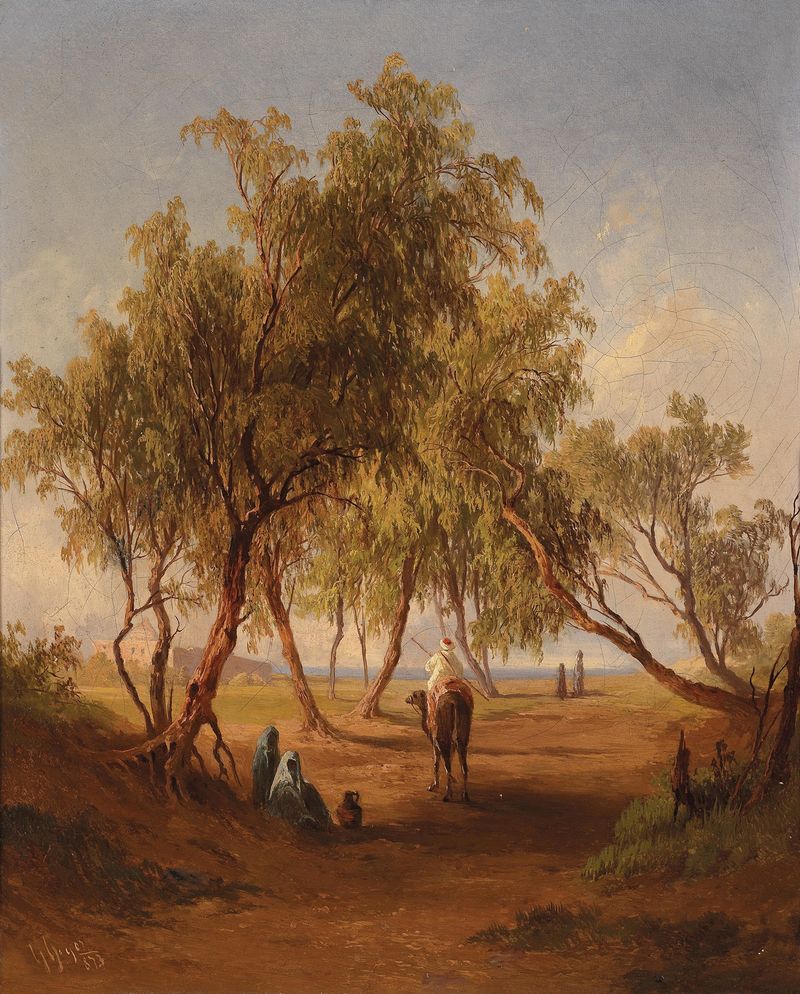 Figurative oil painting by Georg Geyer depicting a rider on a horse with a city background.
