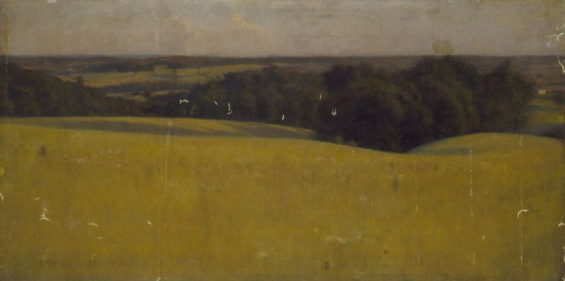 Landscape with golden sunset and long shadows, oil painting by Kenyon Cox