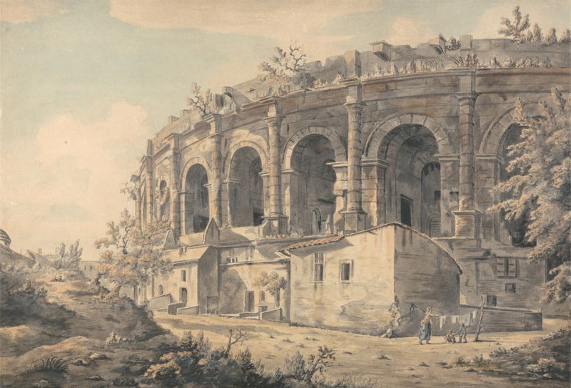 The Amphitheater at Nimes by William Marlow, depicting an ancient stone structure.