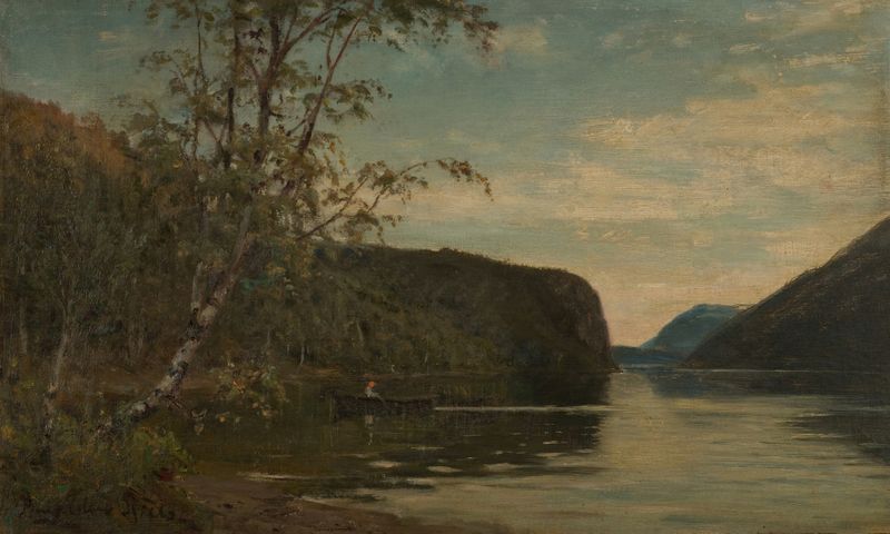 Paisaje del lago Hornindalsvannet con montañas, óleo de Amaldus Nielsen