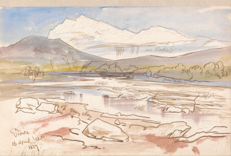 Vjose, 12-30 p.m. de Edward Lear, acuarela sobre papel que representa un paisaje caótico.