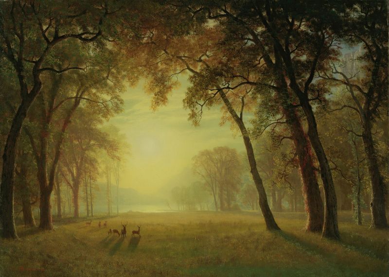 Pintura al óleo de ciervos en un claro rodeado de árboles y montañas de Albert Bierstadt