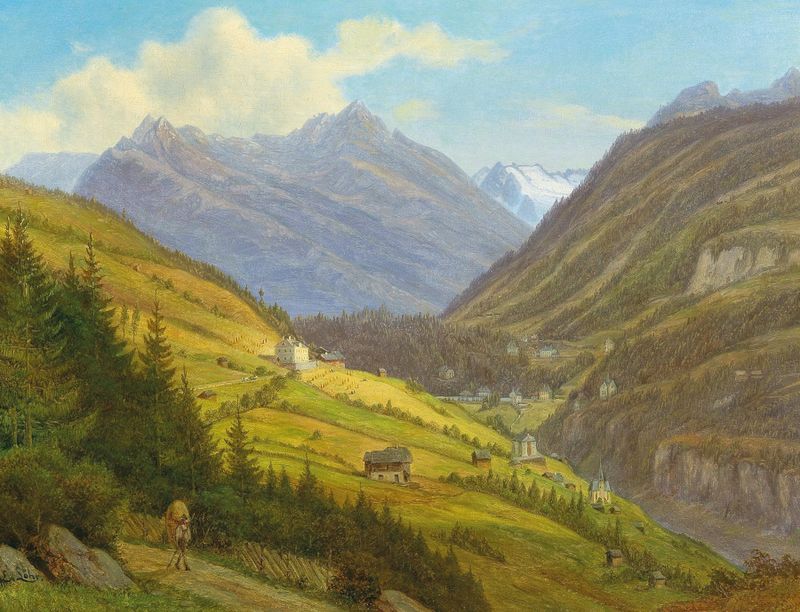 Landscape of a valley with hills and light, oil on canvas by Emil Ludwig Löhr