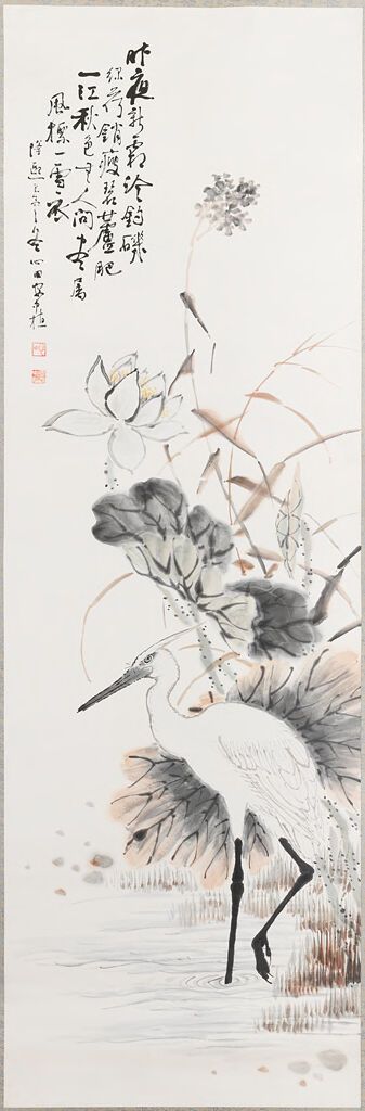 Heron under blossoming lotus plant at the water's edge, paper, An Chung-sik