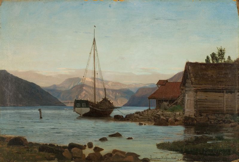 Aften ved Balestrand de Amaldus Nielsen, óleo sobre tela que retrata uma serena paisagem de fiorde ao crepúsculo.