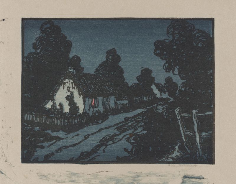 Village Lane at Night de Andrew Kay Womrath, óleo sobre tela que retrata uma vila iluminada por postes de luz.