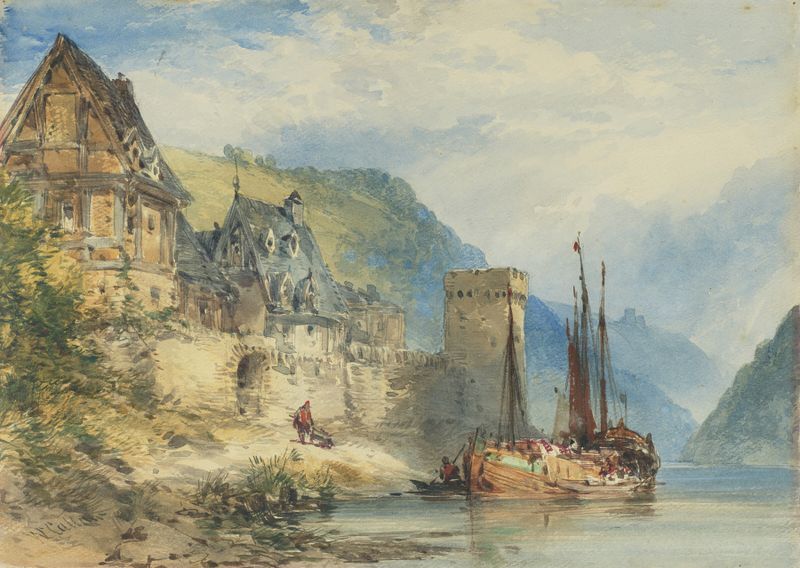 Oil painting by William Callow depicting a serene town on the Rhine River