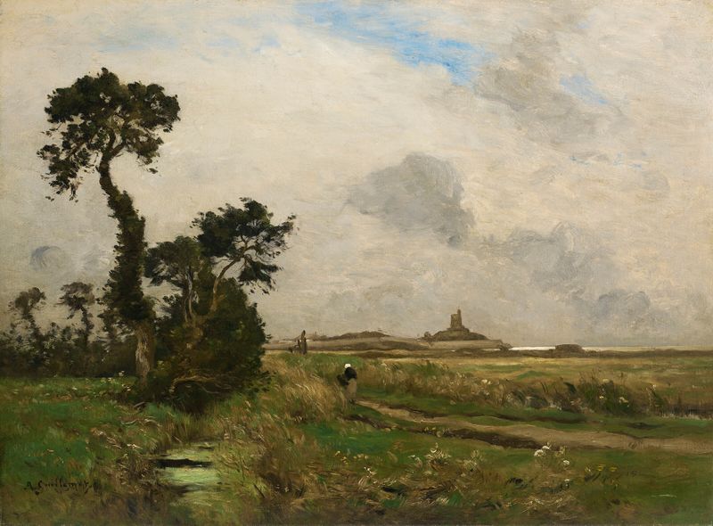 Pintura de paisaje al óleo de Jean-Baptiste-Antoine Guillemet con un camino y colinas onduladas.