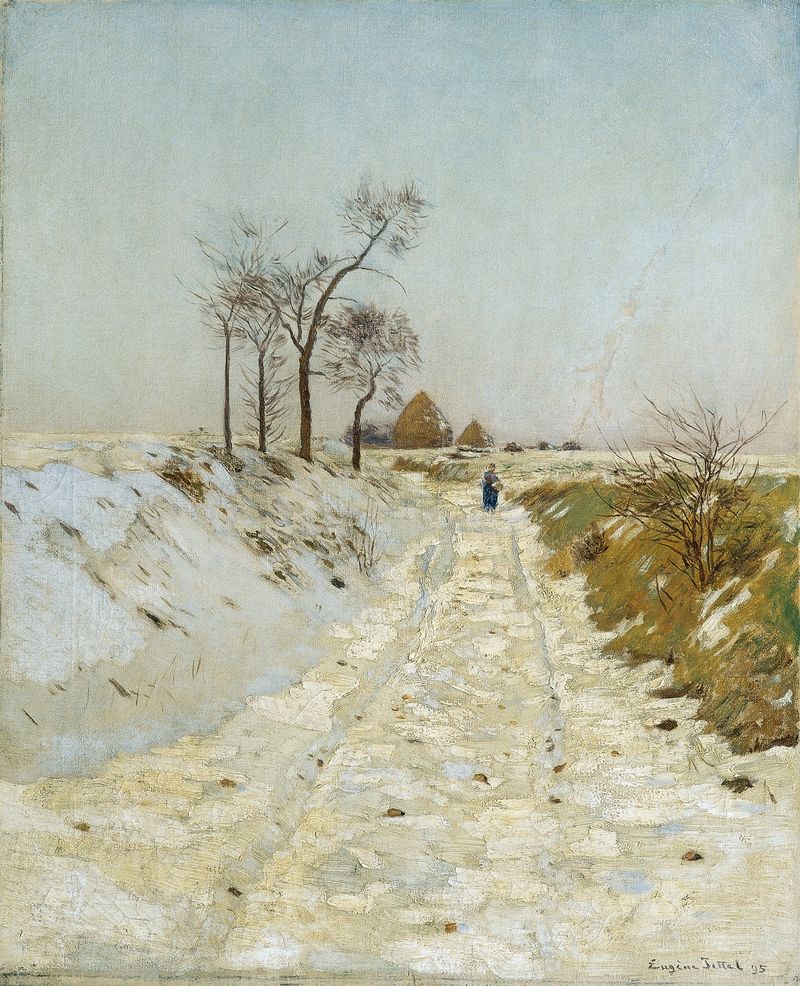 Hohlweg im Winter de Eugen Jettel, óleo sobre tela que retrata uma paisagem de inverno com árvores e neve.
