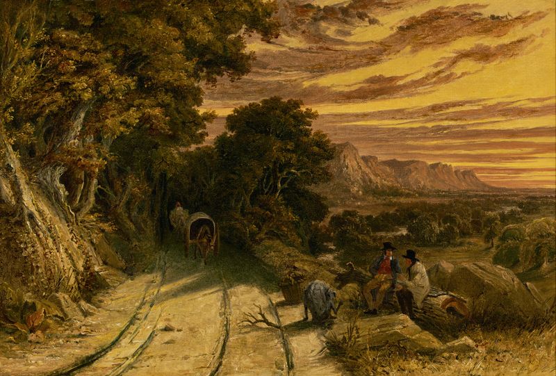 Road-Side View de Seth Eastman, óleo sobre tela que retrata uma paisagem tranquila com árvores e uma estrada.