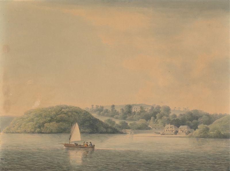 Mill on the Tavy by William Payne, oil painting depicting a tranquil landscape with a river and mill.