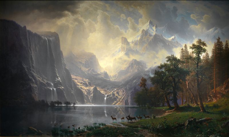 Landscape of mountains at dawn, oil painting by Albert Bierstadt