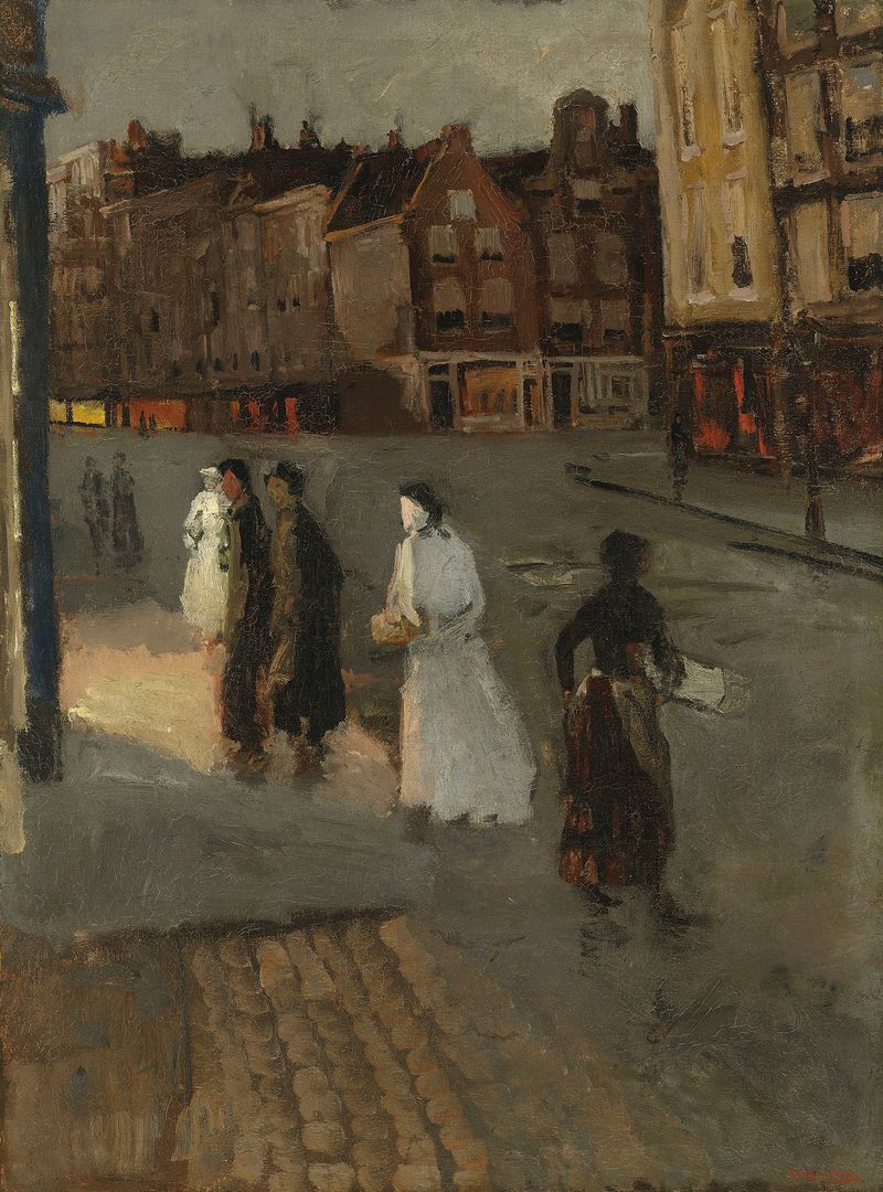 Night scene of Amsterdam with cobblestone street and light reflections, oil on canvas by George Hendrik Breitner.