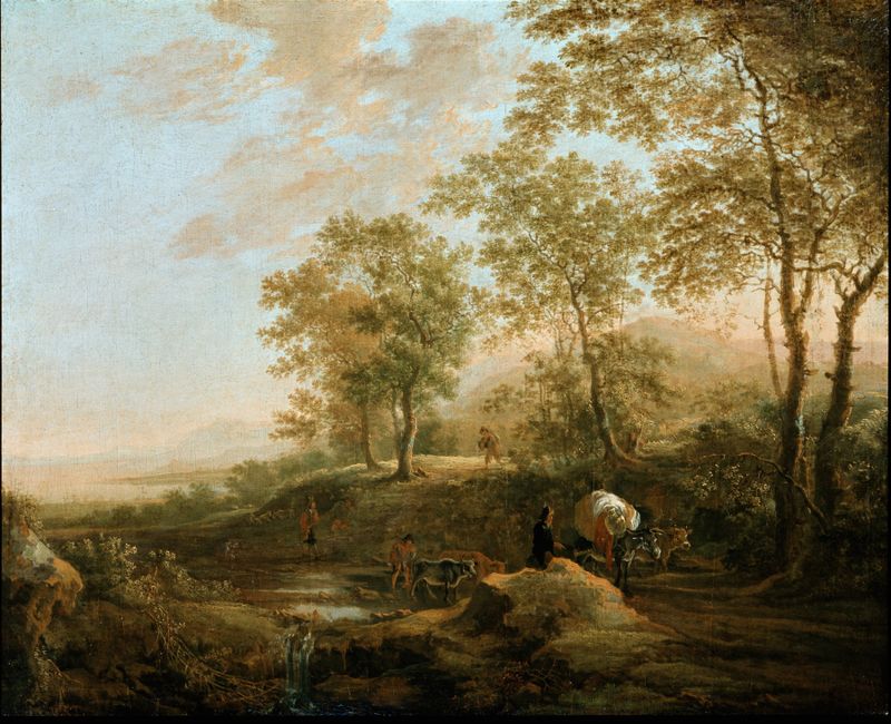 Paisaje de un arroyo con reflejos de luz, óleo de Jan Both