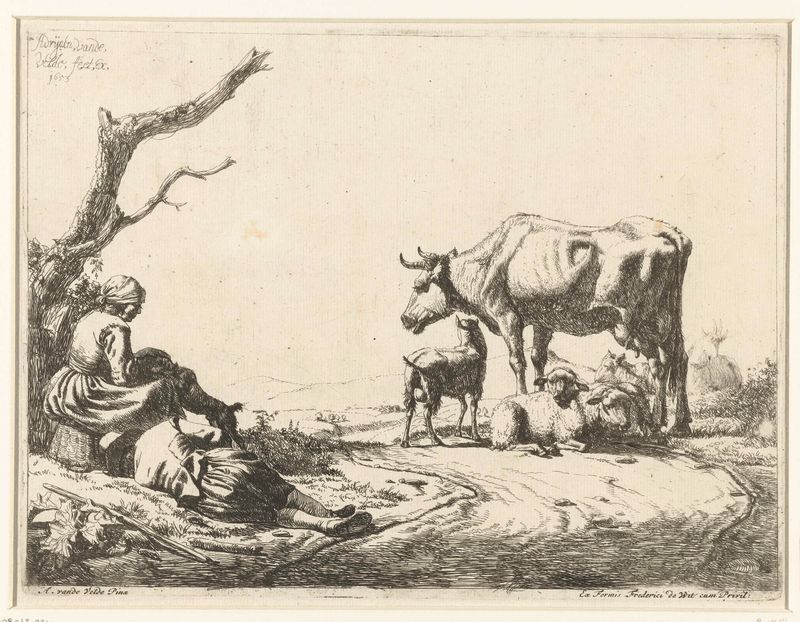 Grabado de Adriaen van de Velde que representa a un pastor y ovejas en un entorno pastoral.