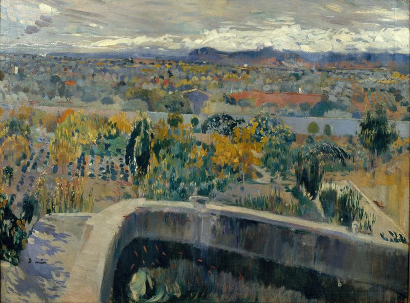 The New Pond by Joaquin Mir Trinxet, oil on canvas depicting a tranquil pond reflection.