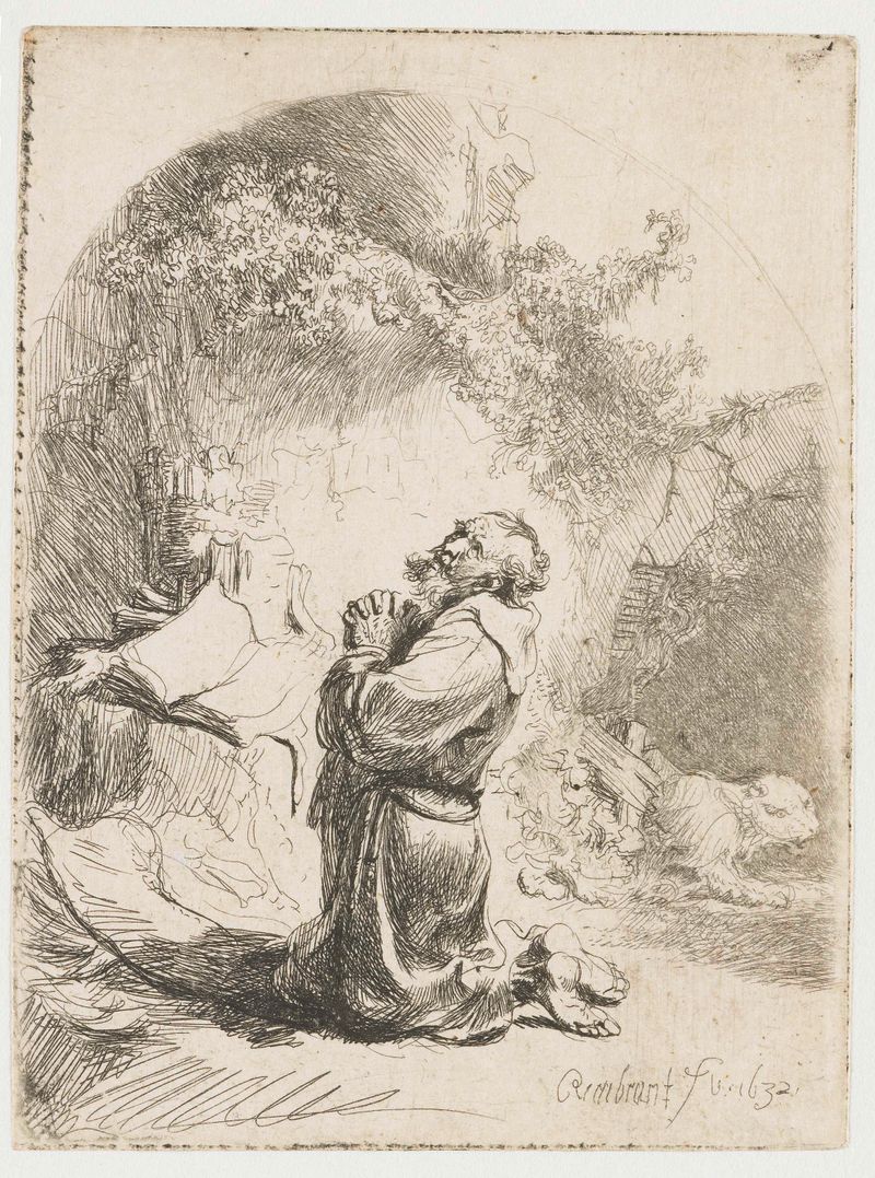 San Jerónimo orando, grabado de Rembrandt van Rijn, mostrando a un ermitaño en soledad.
