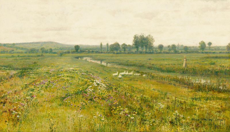 Uma extensa paisagem de prado com gansos perto de um riacho, pintura a óleo de John Atkinson Grimshaw