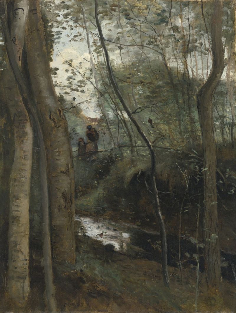 Paisagem com um riacho e floresta de Jean-Baptiste-Camille Corot, pintura a óleo
