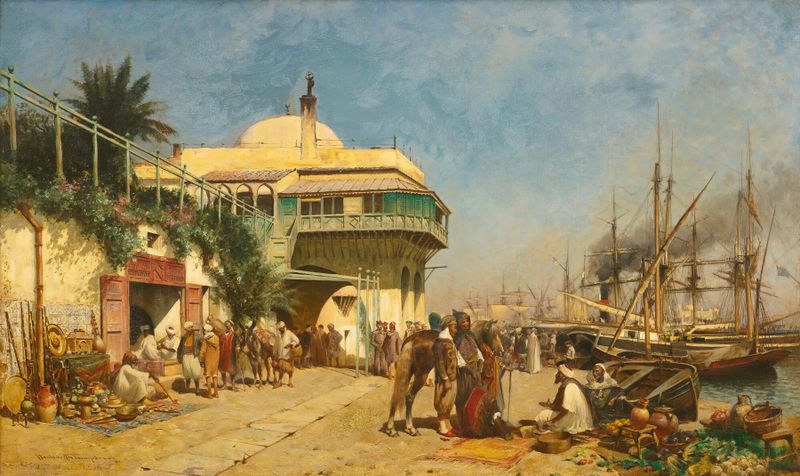 Marine scene depicting The port of Algiers by Alfred Wordsworth Thompson, oil painting