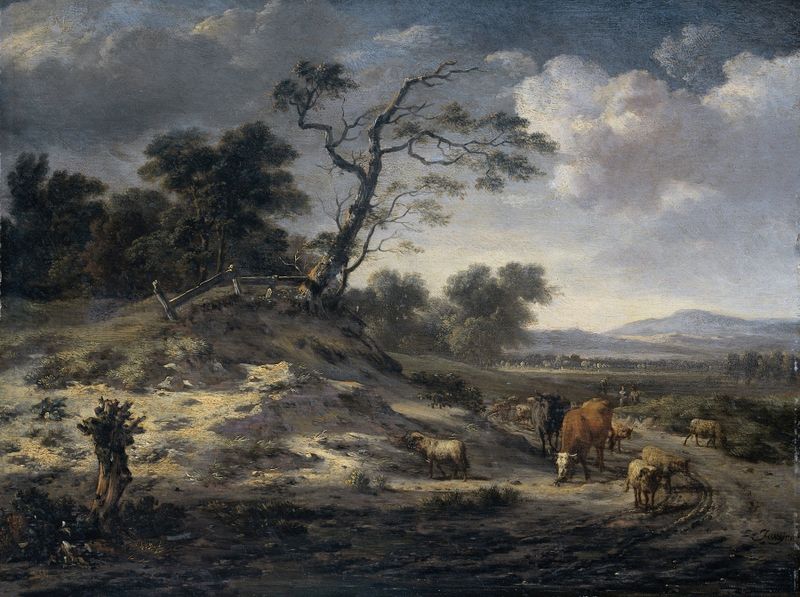 Paisagem com Gado em uma Estrada Rural, pintura a óleo de Jan Wijnants