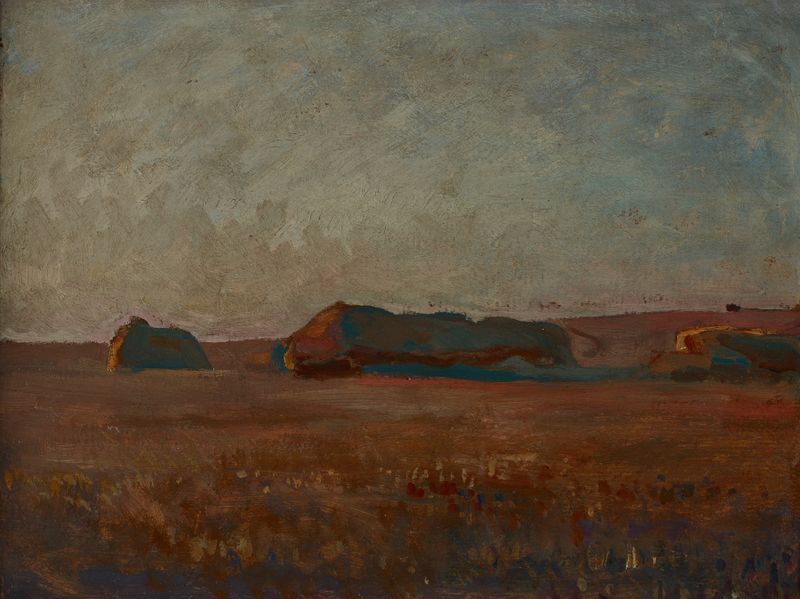Ricks of Corn by Jan Stanisławski, oil on canvas depicting cornfields and hills under a blue sky.