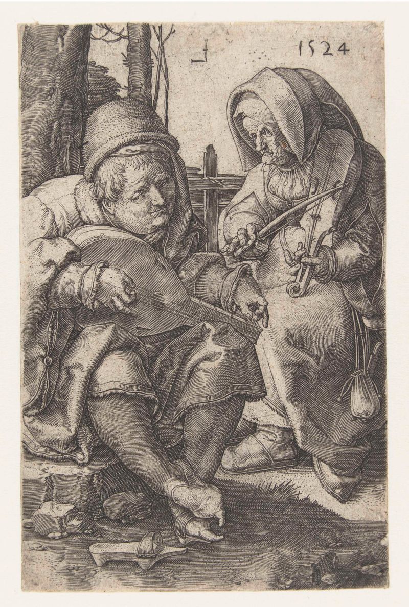 Gravura de Lucas van Leyden retratando músicos em trajes detalhados