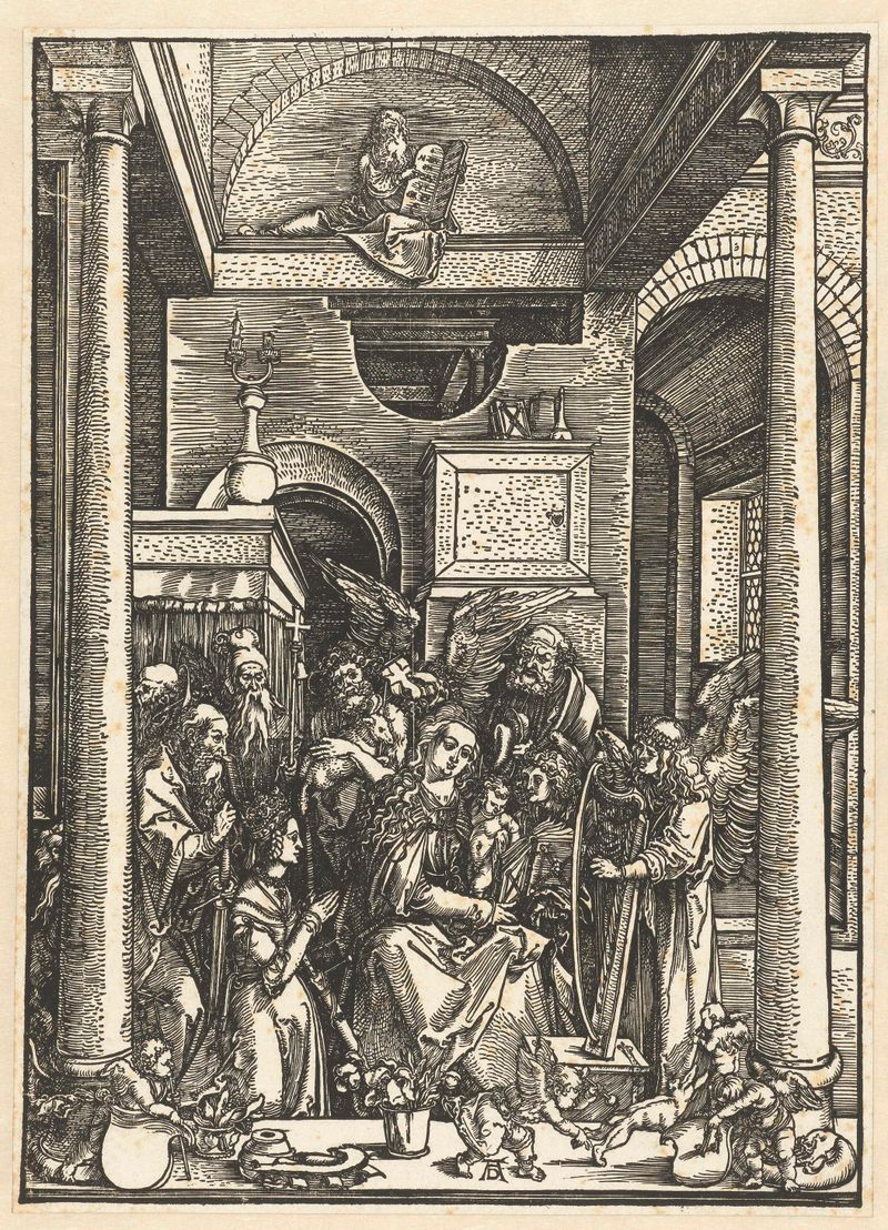 Escena religiosa que representa a la Virgen María en túnicas vibrantes, papel de Albrecht Dürer