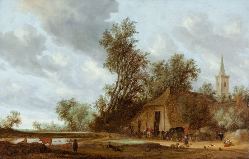 Escena de género con siluetas en una posada, óleo sobre lienzo de Jacob Salomonsz. van Ruysdael