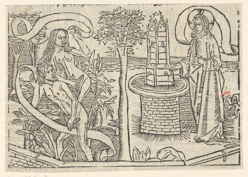 Expulsion from Paradise by Master of Delft, paper, depicts Eve and Adam in a lush garden with desolate earth.
