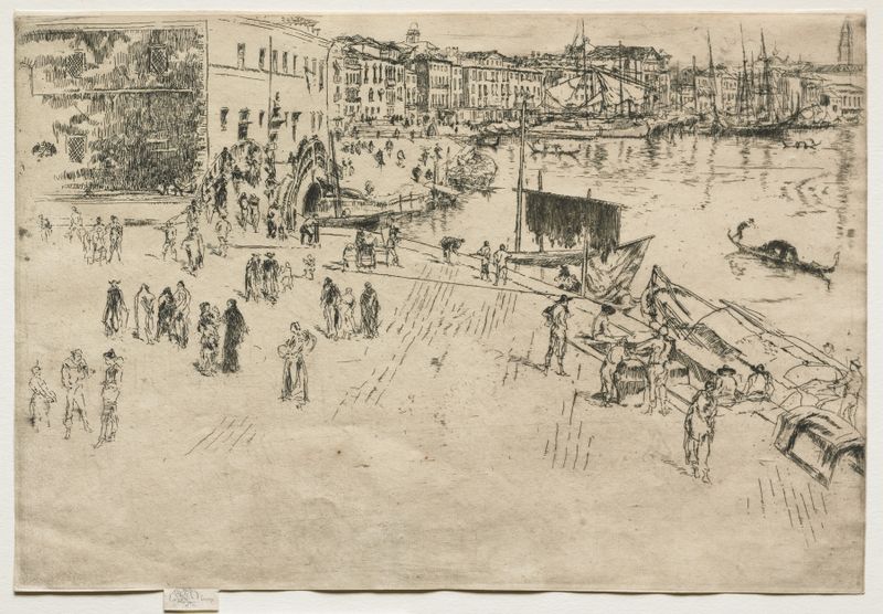 The Riva, No. 1 de James Abbott McNeill Whistler, óleo sobre tela representando barcos ao crepúsculo.
