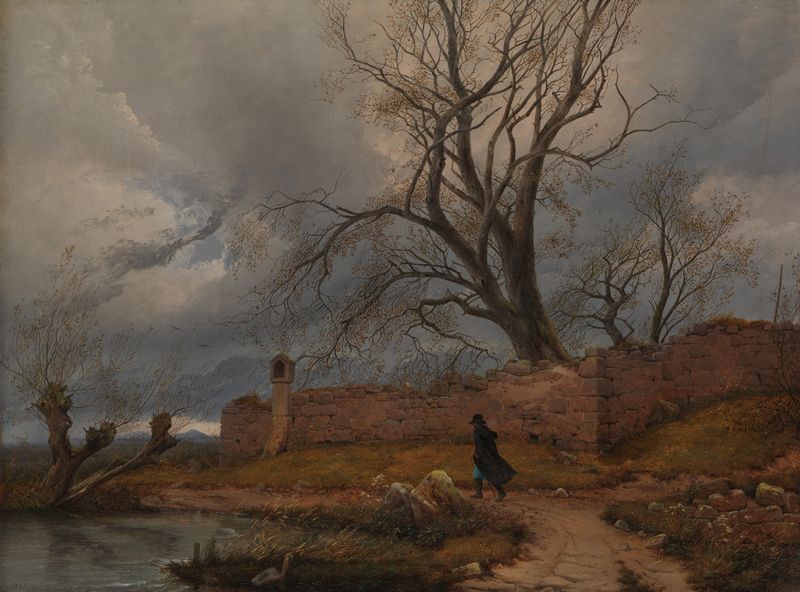 Wanderer in the Storm, oil on canvas by Carl Julius von Leypold, featuring a solitary figure in a stormy landscape.