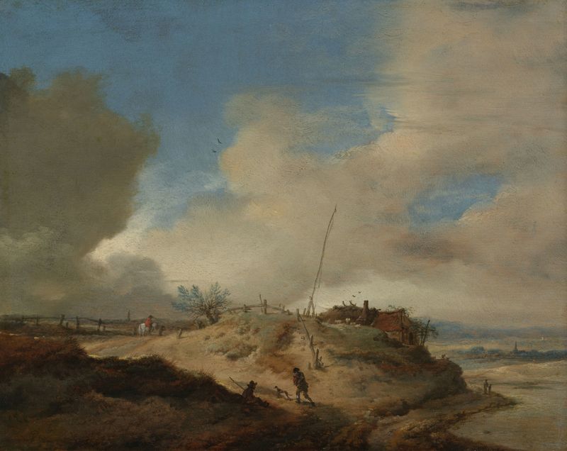 Paisagem de dunas com um poste de sinal, pintura a óleo de Philips Wouwerman