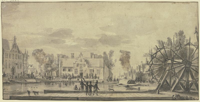 Pintura al óleo de Roelant Roghman que muestra un puente con tropas esperando en la orilla.