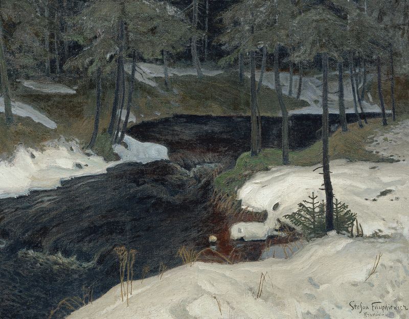 Obra figurativa de Stefan Filipkiewicz, 1900, que explora el duelo con tonos azules profundos.