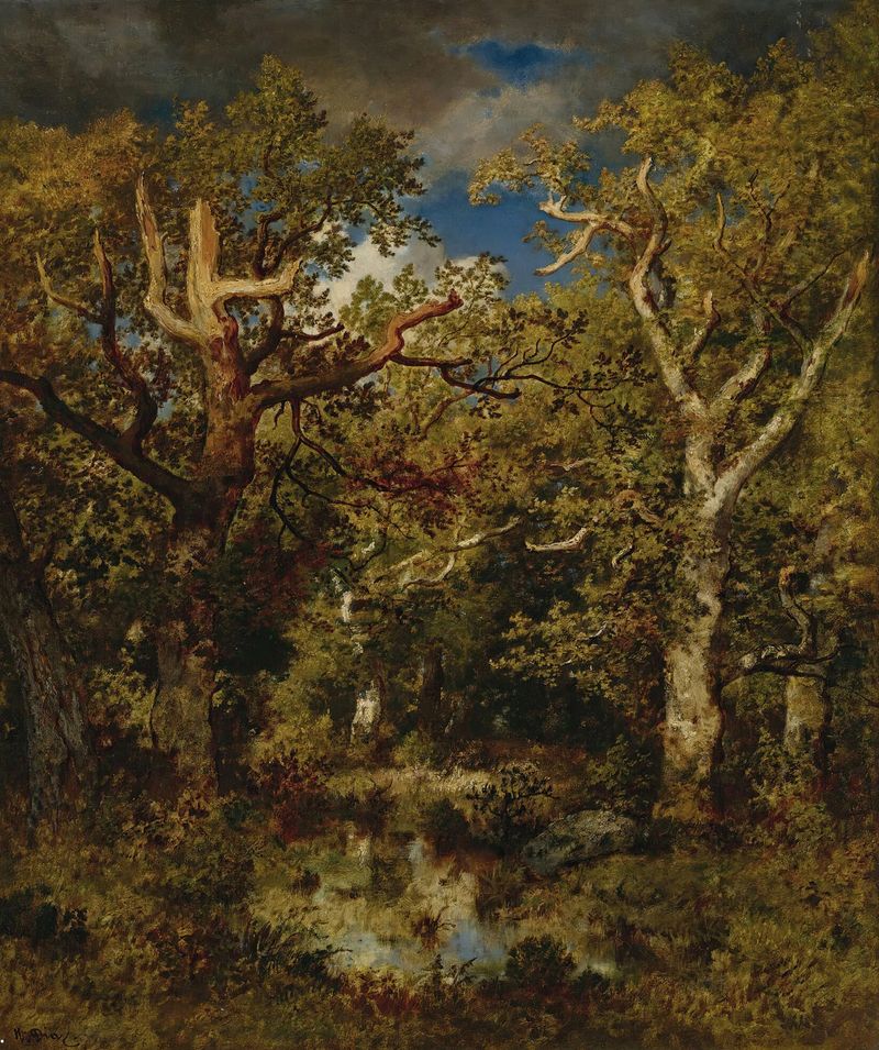 Pintura a óleo de Narcisse-Virgile Diaz de La Peña retratando uma cena de floresta com uma árvore em decomposição.