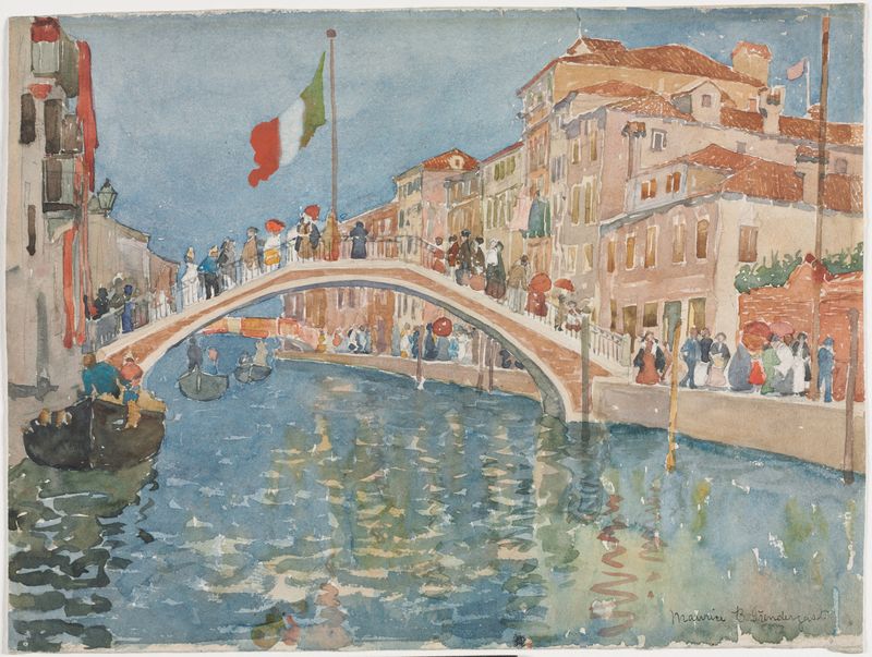 A Bridge In Venice de Maurice Prendergast, acuarela sobre papel que representa un puente vibrante y paisaje.