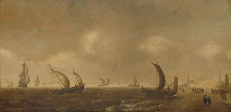 Seascape on the Beach at Scheveningen de Willem van Diest, óleo que muestra suaves olas y un vasto cielo.