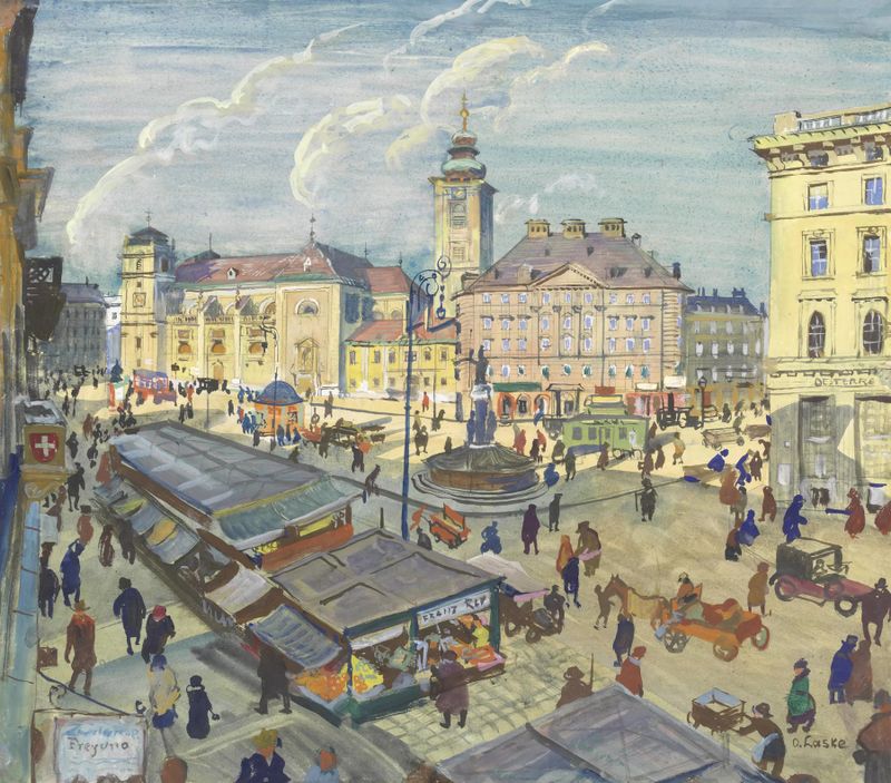 Escena figurativa con figuras bajo un cielo luminoso de Oskar Laske, pintura al óleo, 1930