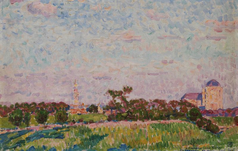 View of Veere by Theo van Rysselberghe, oil painting depicting tranquil waters and a pastel sky