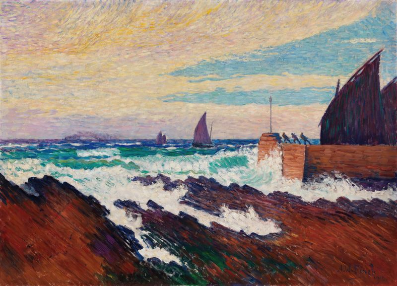 Rosehearty pier de Alfred William Finch, óleo sobre tela que retrata uma cena marinha ao crepúsculo