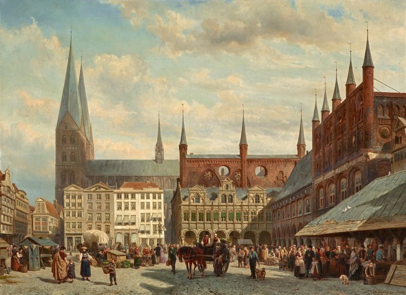 Lübeck marketplace, oil on canvas by Cornelis Springer