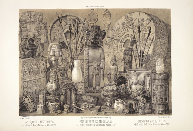Naturaleza muerta de antigüedades mexicanas por C. Castro, 1869, medio desconocido