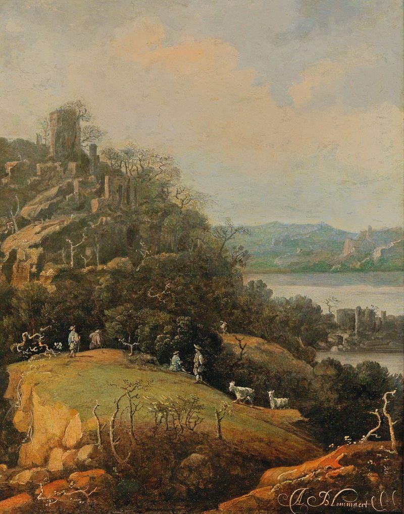 Uma paisagem de rio com figuras e ruínas, óleo sobre tela de Adriaen Bloemaert