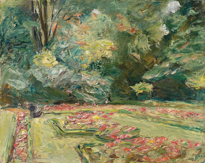 Oil painting by Max Liebermann depicting a lush garden filled with colorful flowers
