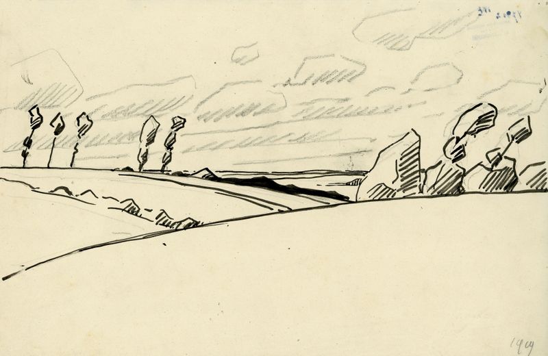 Paisaje en tinta de Albert Daenens, con trazos delicados y tonos apagados sobre papel.