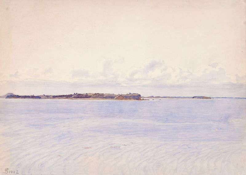 Ved Fyns Hoved by Fritz Syberg, oil on canvas depicting figures at twilight by the sea.