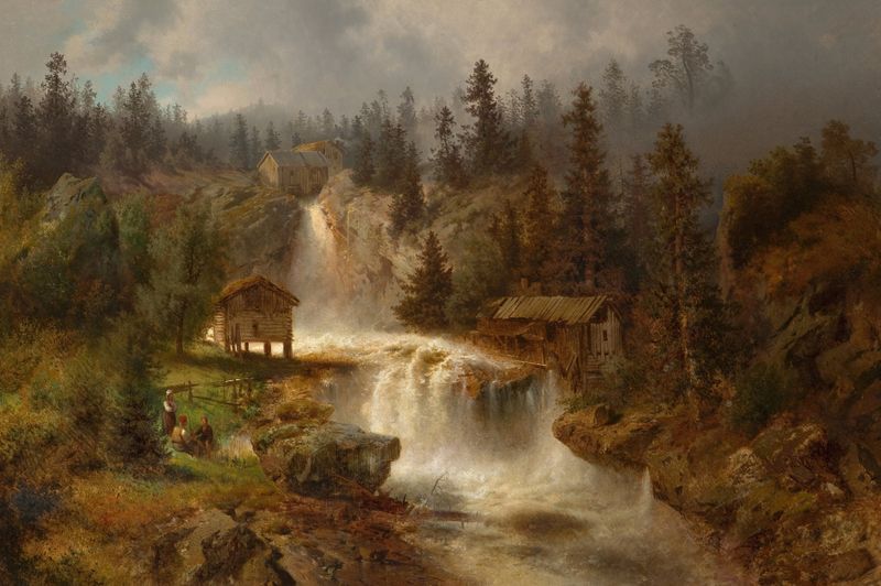 Figures Before a Mill in a Mountainous River Landscape, óleo sobre tela de Hermann Ottomar Herzog