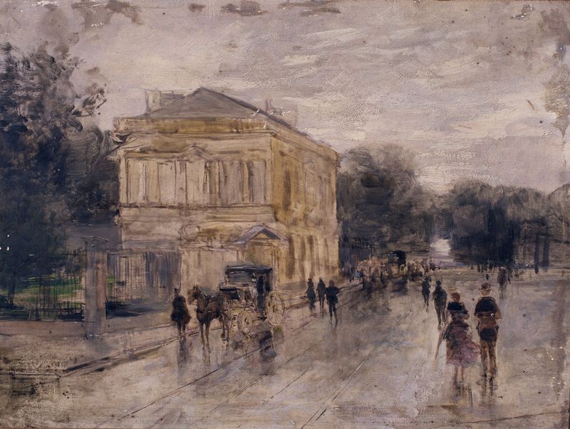 Brussels in the Rain, oil painting by Gustave Den Duyts depicting a rainy cityscape.