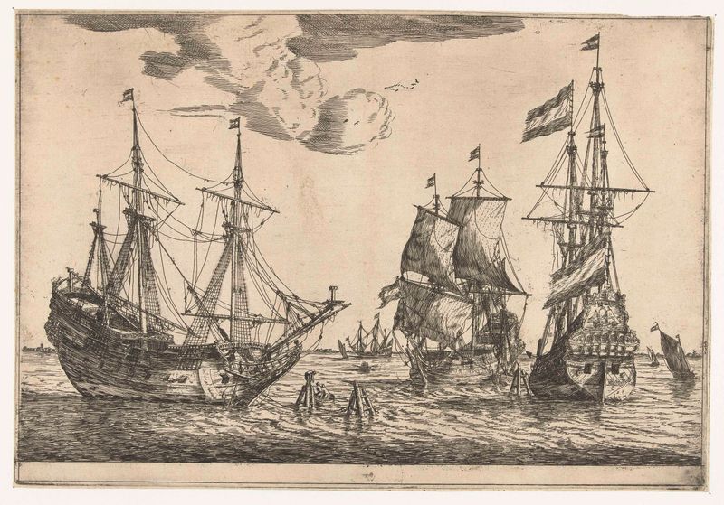 Drie aangemeerde zeilschepen de Reinier Nooms, aguafuerte de tres barcos en un puerto
